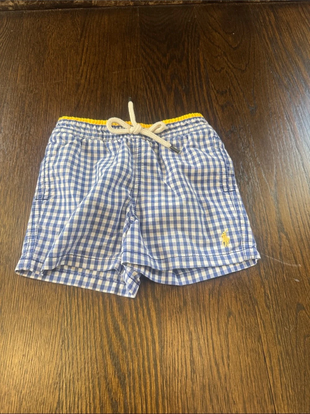 Ralph Lauren Blue swim Shorts with Yellow- Kids w matching teddy Bear shirt